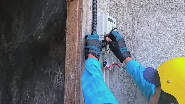 Electric Utility Worker Cutting Service Cable Near Electricity Meter and MCB