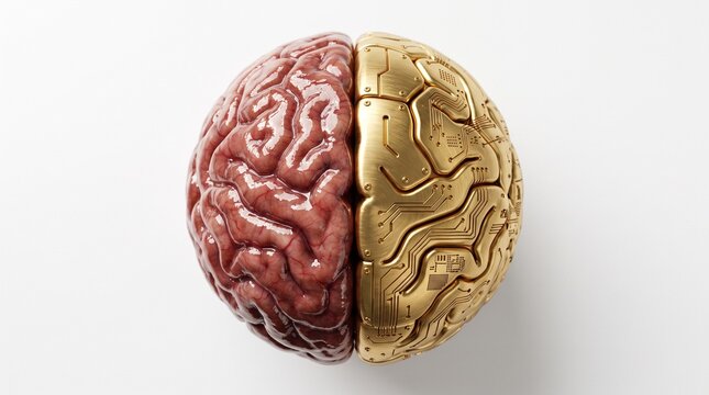 Artificial Intelligence and Human Cognition, a dual brain split concept showing biological matter and golden electronic circuitry
