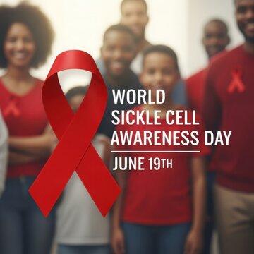 People celebrating world sickle cell awareness day with red ribbon