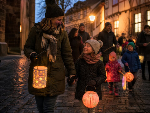 Parent and child walking with lanterns in a German village