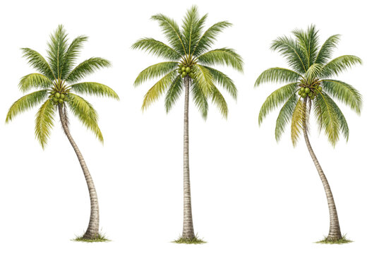 Three Tropical Coconut Palm Trees Isolated On Transparent Background PNG