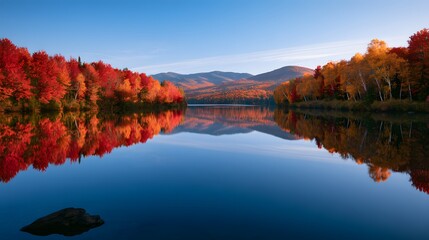 Fototapeta premium Idyllic autumn landscape with vibrant red and golden trees reflecting in a calm lake, framed by distant mountains