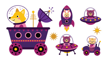 Cute space animal vector character set featuring a fox in a rover rocket ship flying saucers and a lunar car for nursery outer space designs © MdEajdani