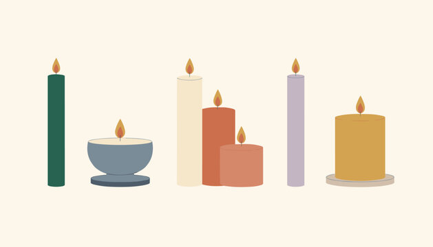 Flat vector illustration of various decorative burning candles in different shapes and colors on a beige background.