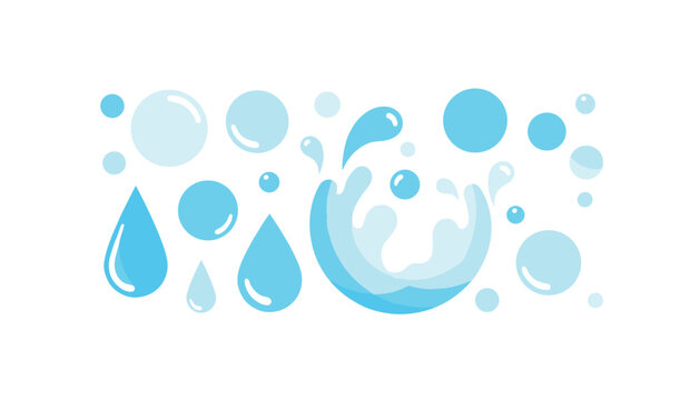 Blue water droplets bubbles and a splash vector illustration representing purity and hydration on a white background.