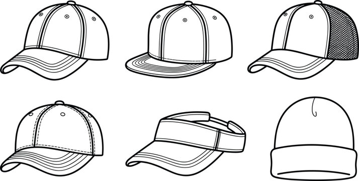 Headwear mockups vector illustration collection showcasing different sports cap types mesh hat and winter beanie outline
