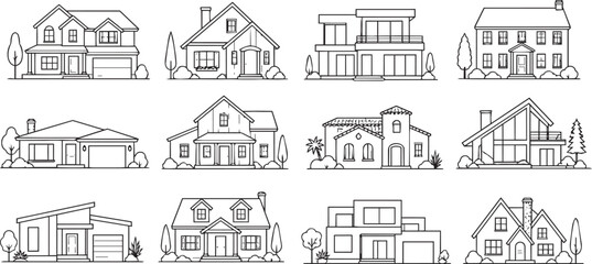 Obraz premium House icons set featuring various architectural styles in line art