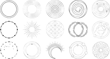 Sacred geometry and celestial cosmic circle icon set with stardust galaxy spirals mystical crescent moon and alchemy astrolabe line art vector elements © MstAlif