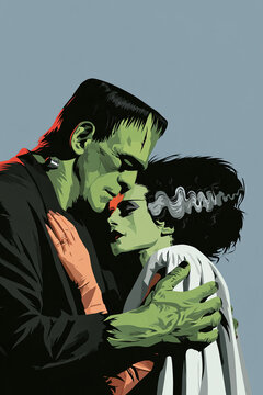 Halloween Frankenstein's Monster illustration embracing his gothic bride in a romantic classic horror couple portrait