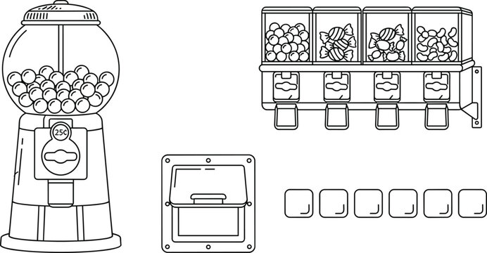 Vintage gumball machine and candy dispenser icon set with glass globes sweet treats bubblegum prize slot and coins in line art vector style