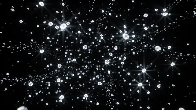 Glowing dust motes and star sparkles drifting in dark void space