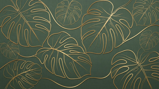 Minimalist botanical wallpaper with continuous line art of monstera leaves and gold accents