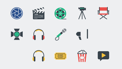 Fototapeta premium Film production and cinema equipment flat icons set showing camera lens, clapperboard, film roll, microphone, and ticket.