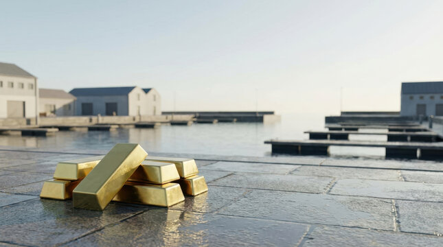 Gold bar gold price surge bullion wealth investment harbor gold bar pile reflects wet stone beside quiet waterfront buildings as market price