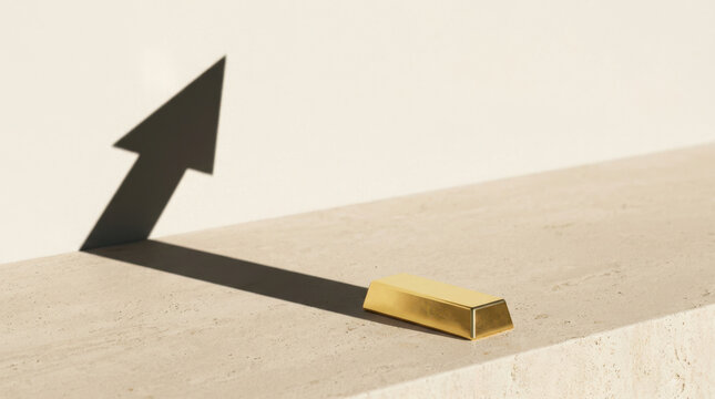 Gold price surge concept with sharp arrow shadow and bullion on concrete surface