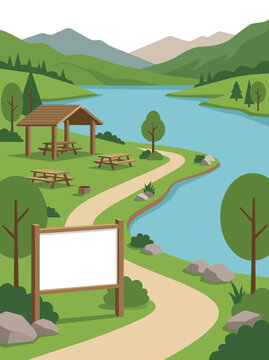 Lakeside picnic park with mountain scenery, winding pathway, wooden shelter, picnic tables and blank sign vector illustration.