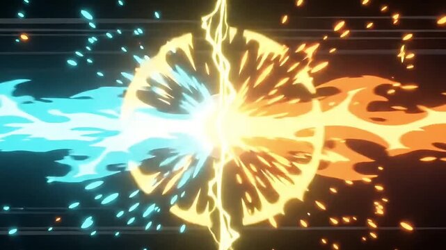 Blue and orange energy streams collide at a metallic sphere