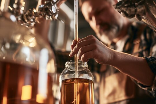 Craft brewer checking a hydrometer reading in a glass fermentation vessel at a brewery