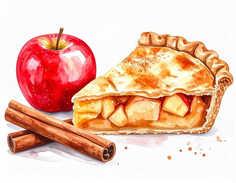 Watercolor apple pie slice with fresh apple
