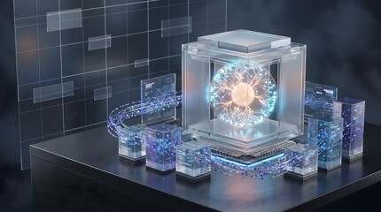 Fototapeta premium Futuristic artificial intelligence network with glowing neural core, transparent data cubes and digital technology infrastructure
