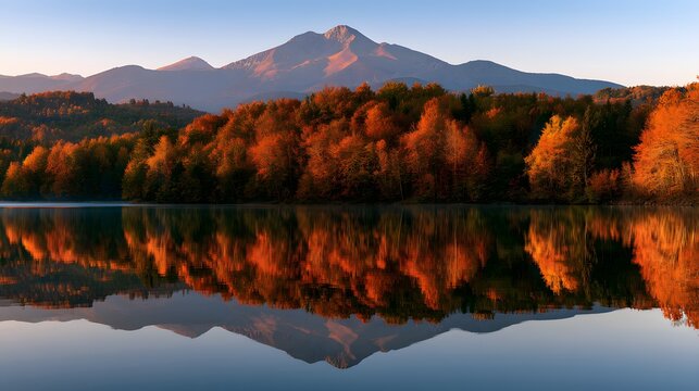 Breathtaking autumn sunrise over a serene lake with vibrant orange forest and towering mountain peaks reflection