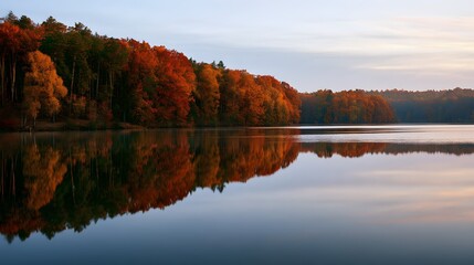 Obraz premium Autumn landscape with colorful trees along the calm lake shore during a crisp morning sunrise