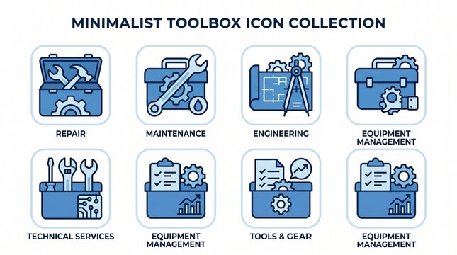 Minimalist toolbox icon collection featuring repair, maintenance, engineering, technical services, and equipment management in vector style.