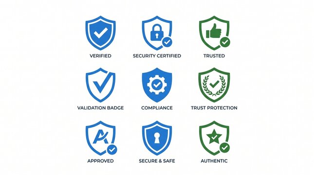 Minimalist verified shield icon collection featuring checkmarks, security certification, trust protection, validation badges, and compliance symbols.
