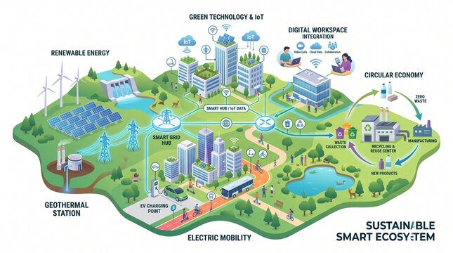 Sustainable smart ecosystem illustration featuring renewable energy, electric mobility, green technology, circular economy, digital workspace integration.