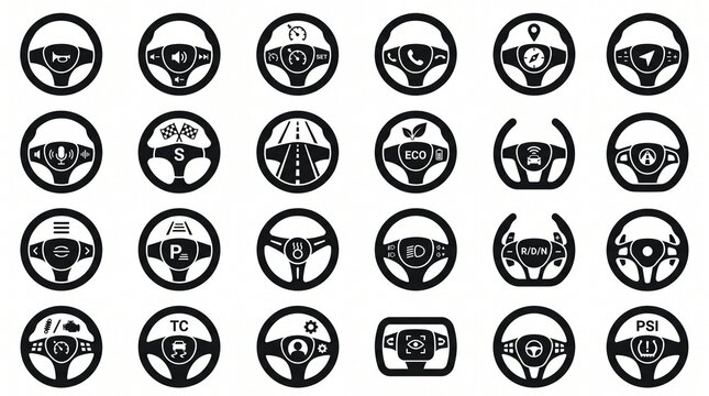 Minimalist steering wheel icon collection featuring multiple automobile control designs, transportation symbols, driving interfaces, and mobility concepts.