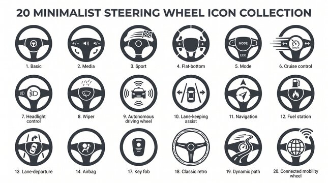 Minimalist steering wheel icon collection featuring multiple automobile control designs, transportation symbols, driving interfaces, and mobility concepts.