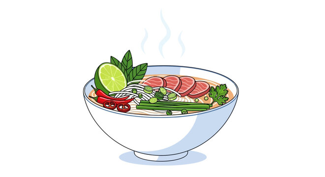 Vector illustration of a steaming bowl of Vietnamese pho soup