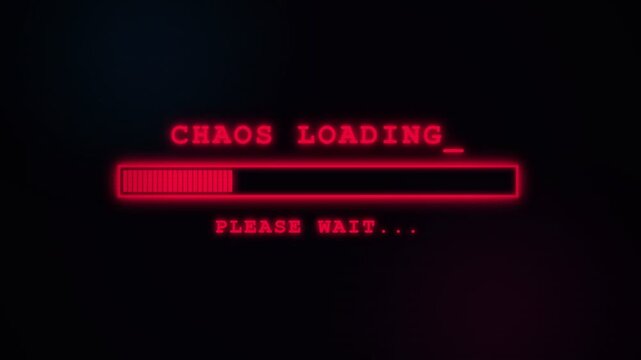 A glowing red progress bar displays the text chaos loading on a dark interface while requesting that the viewer continues to remain patient until the entire system process finally finishes