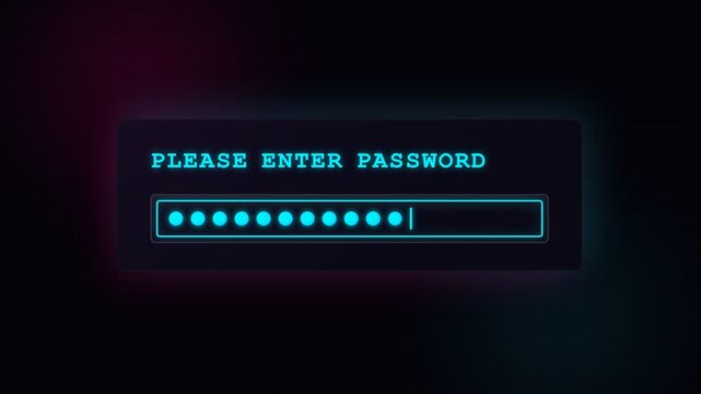 A glowing cyan interface prompt requests that a user types their secret credentials into the digital authentication field to access private information within the secure encrypted computer