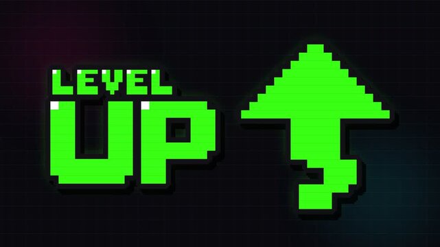 A vibrant green neon sign displays the phrase level up next to an arrow indicating progress for gamers who want to celebrate achievement in their favorite interactive virtual entertainment
