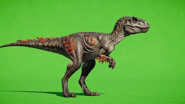 Feathered dinosaur standing against a vibrant green screen background