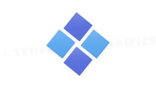 Four blue diamond shapes are arranged in a rotating pattern to form a larger rhombus structure that symbolizes organizational growth and connectivity within a professional business corporate