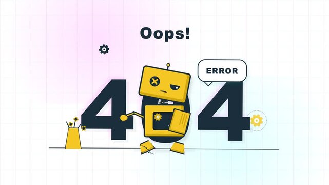 A frustrated yellow machine assistant stands next to a large numeric four hundred four code display indicating that the requested website content is currently unavailable for all online users