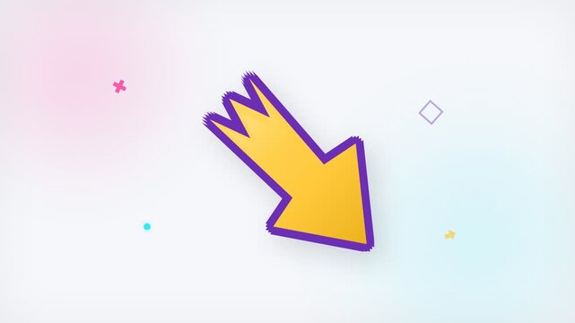 A vibrant yellow arrow pointed downward conveys directional movement across the visual frame while smaller multicolored geometric shapes appear scattered around the main indicator for creative