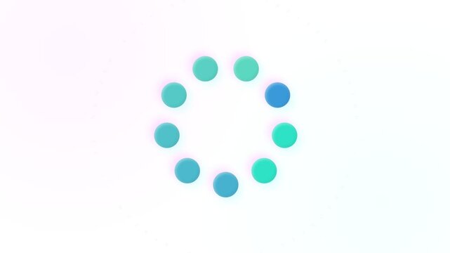A circular array of colorful teal and blue dots rotates in a progressive sequence to represent a digital processing state or a pending task completion indicator for users during software