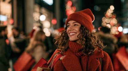 Fototapeta premium Happy Woman with Christmas Shopping Bags in a Modern District