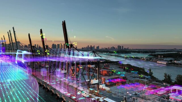 Smart port digital twin hyperlapse with futuristic artificial intelligence holographic cargo ship overlay, 3d loop animation of autonomous maritime logistics data network infrastructure
