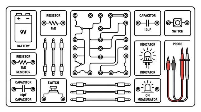 Electronic Circuit Components and Breadboard Illustration