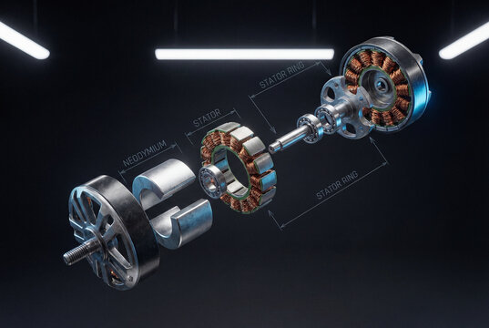 Exploded schematic view of a drone electric motor, concept of industrial technical engineering
