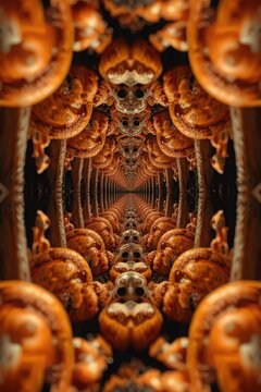 Abstract fractal tunnel formed by repeating orange pumpkin faces creating an infinite visual effect with jack o lantern halloween decor optical illusion orange glow tunnel vision infinite