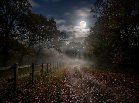 Full moon rising over foggy forest path with fallen leaves in autumn air.
