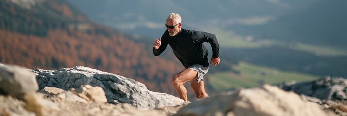 Fototapeta premium Active mature man trail running along rocky mountain ridge in autumn for outdoor fitness banner and landscape background