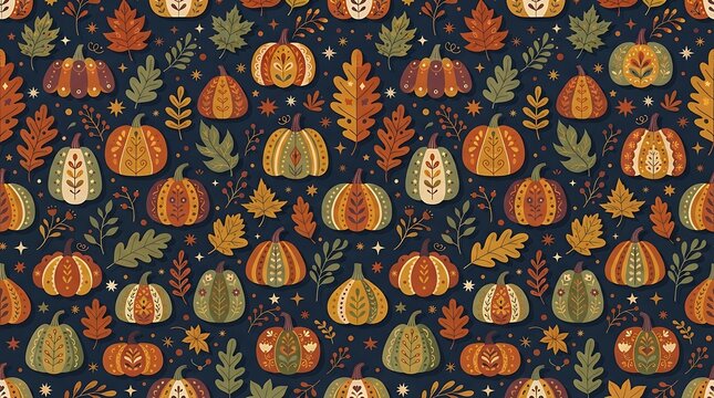Autumn harvest pattern with folk pumpkins and fall leaves for backdrop.