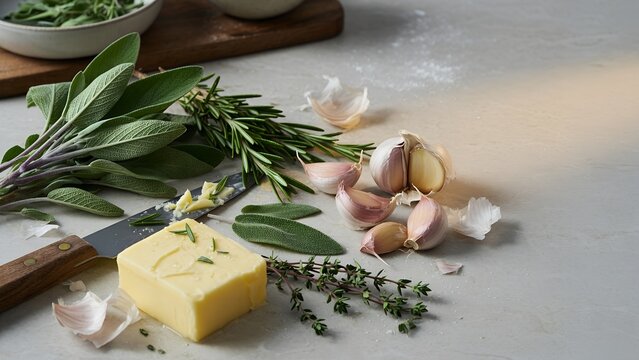 Fresh Sage Rosemary Thyme Garlic and Butter for Thanksgiving Cooking