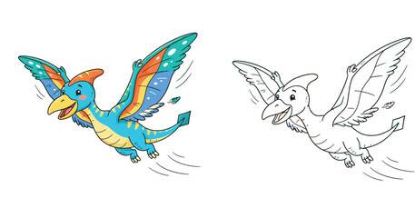 Cute Flying Pterodactyl Dinosaur Illustration, Cartoon Prehistoric Creature with Coloring Page for Kids Activity Book and Educational Design © SalahuddinAhamed
